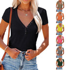 Damen T-Shirt mit modischem V-Ausschnitt und dekorativen Knöpfen R&B