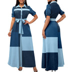 Damen Elegantes Knopfhemd-Maxikleid mit tailliertem Gürtel R&B