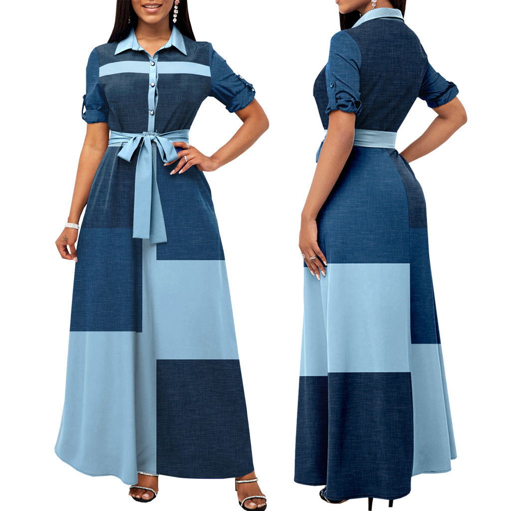 Damen Elegantes Knopfhemd-Maxikleid mit tailliertem Gürtel R&B