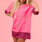 Damen Relaxed Fit T-Shirt mit Glitzerärmeln und Herzmotiv R&B