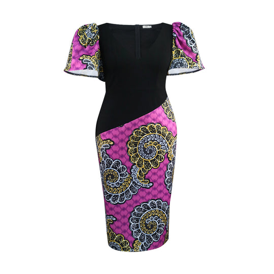 Damen figurbetontes Kleid mit bunten Puffärmeln und asymmetrischem Design R&B