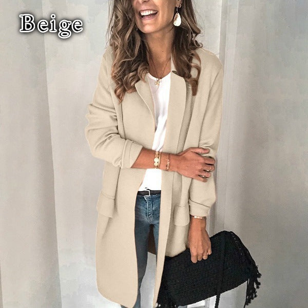 Damen stylische lange Jacke mit klassischem Revers R&B