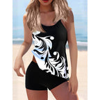 Damen Tankini-Set mit modischem Wasserfarben-Muster und integrierten Shorts R&B