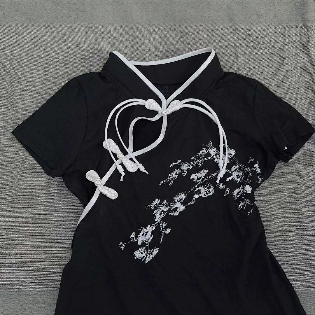 Damen Modernes Chinesisches Kurzarm-T-Shirt mit kreativem Knotendesign R&B