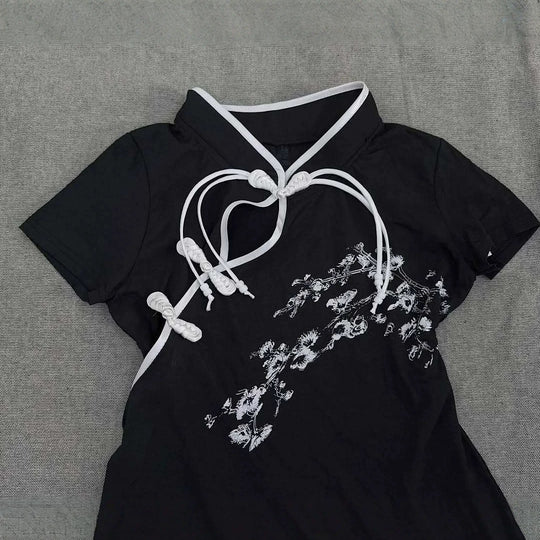 Damen Modernes Chinesisches Kurzarm-T-Shirt mit kreativem Knotendesign R&B