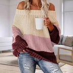 Damen Lässiger Overzise-Strickpullover mit Off-Shoulder-Ausschnitt und angesagtem Farbblockdesign R&B