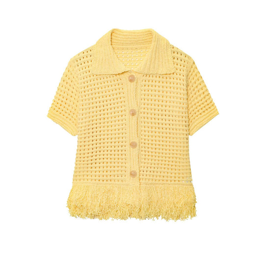 Damen Kurzarm-Strickjacke mit fransigem Saum und dekorativen Knöpfen R&B