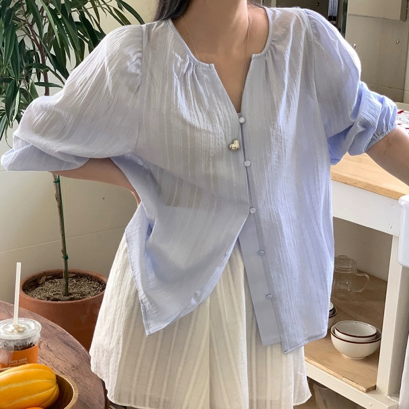 Damen Relaxed Fit Puffärmel Button-Up Bluse R&B