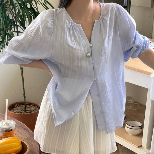 Damen Relaxed Fit Puffärmel Button-Up Bluse R&B