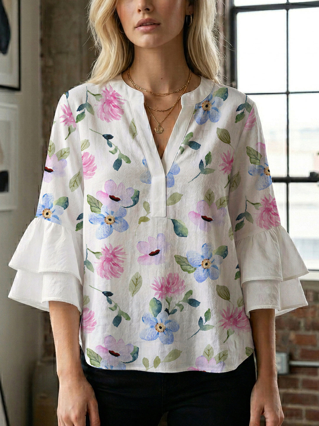 Damen elegantes Blusenshirt mit voluminösen Rüsenärmeln und grafischem Blumendesign R&B
