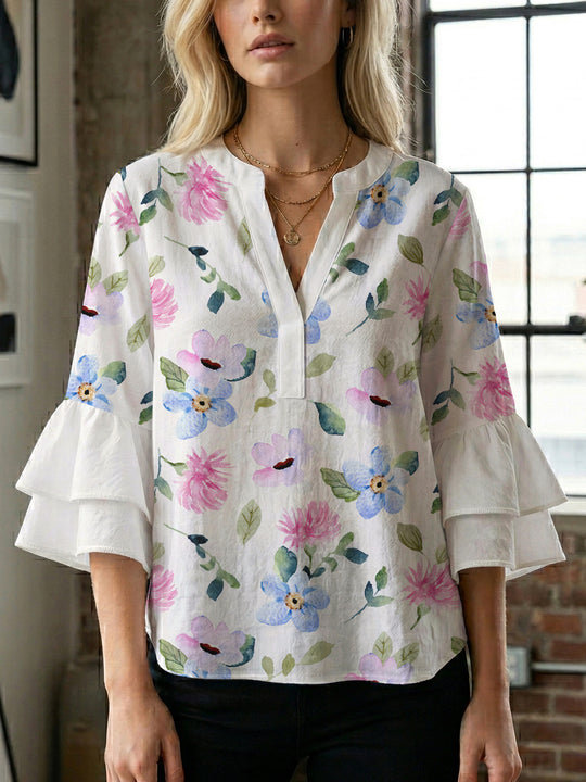Damen elegantes Blusenshirt mit voluminösen Rüsenärmeln und grafischem Blumendesign R&B