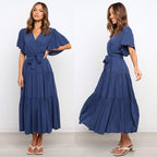 Damen Maxikleid mit tiefem V-Ausschnitt und schwingenden Ärmeln R&B
