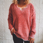 Damen lässiger Strickpullover mit weitem V-Ausschnitt und asymmetrischem Saum R&B