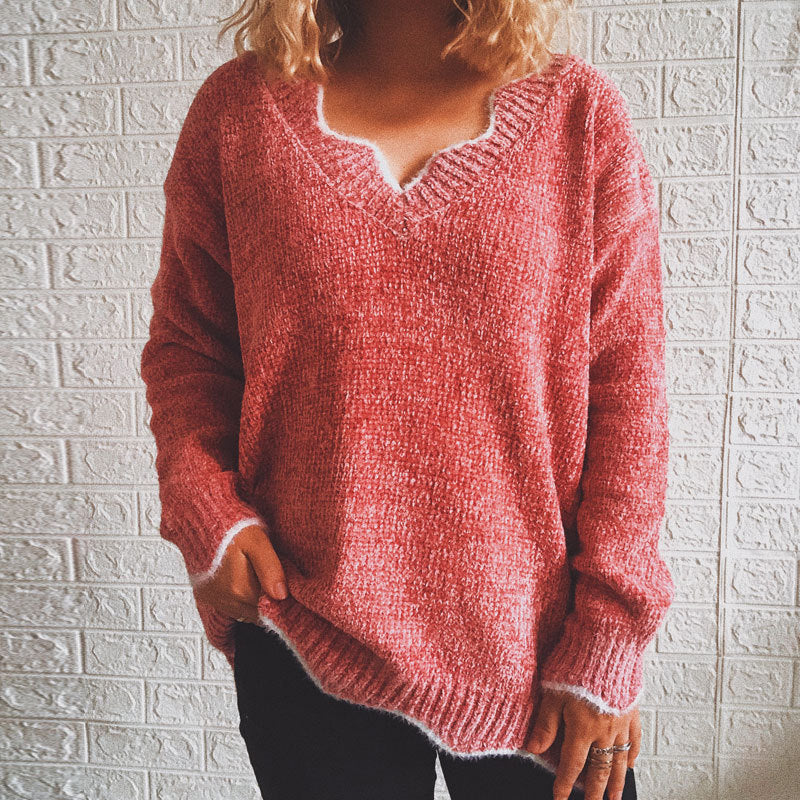Damen lässiger Strickpullover mit weitem V-Ausschnitt und asymmetrischem Saum R&B