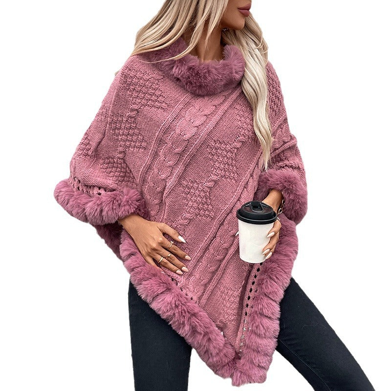 Damen kuscheliger Strickponcho mit samtigem Fellbesatz R&B