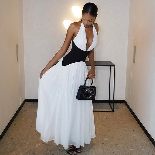 Damen Abendkleid mit tiefem V-Ausschnitt und fließendem Rock R&B