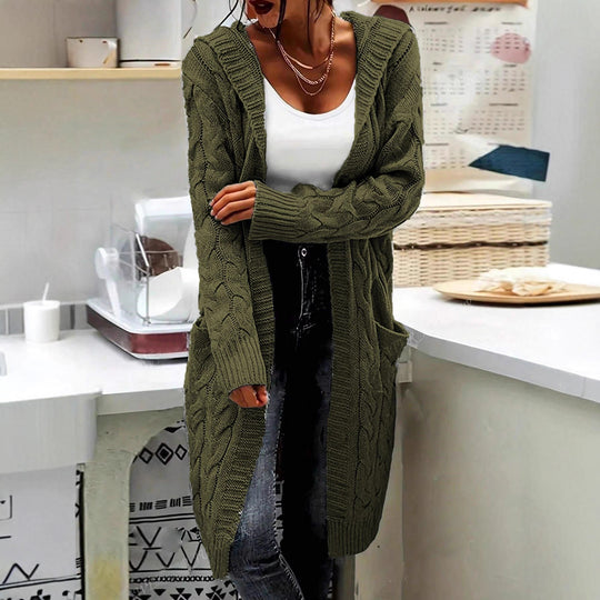 Damen Strickjacke im lässigen Langschnitt mit Zopfmuster und praktischen Taschen R&B