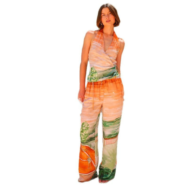 Damen Hose mit elegantem Wickeloberteil und floralen Mustern R&B