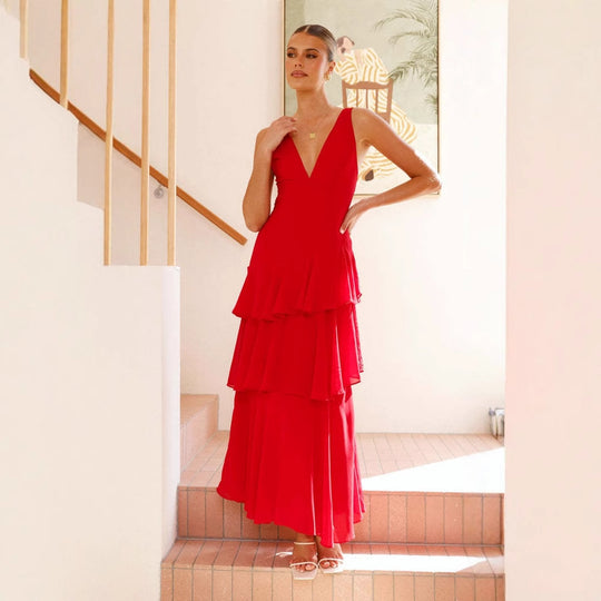 Damen Elegantes Maxikleid mit voluminösen Rüschen und tiefem V-Ausschnitt R&B