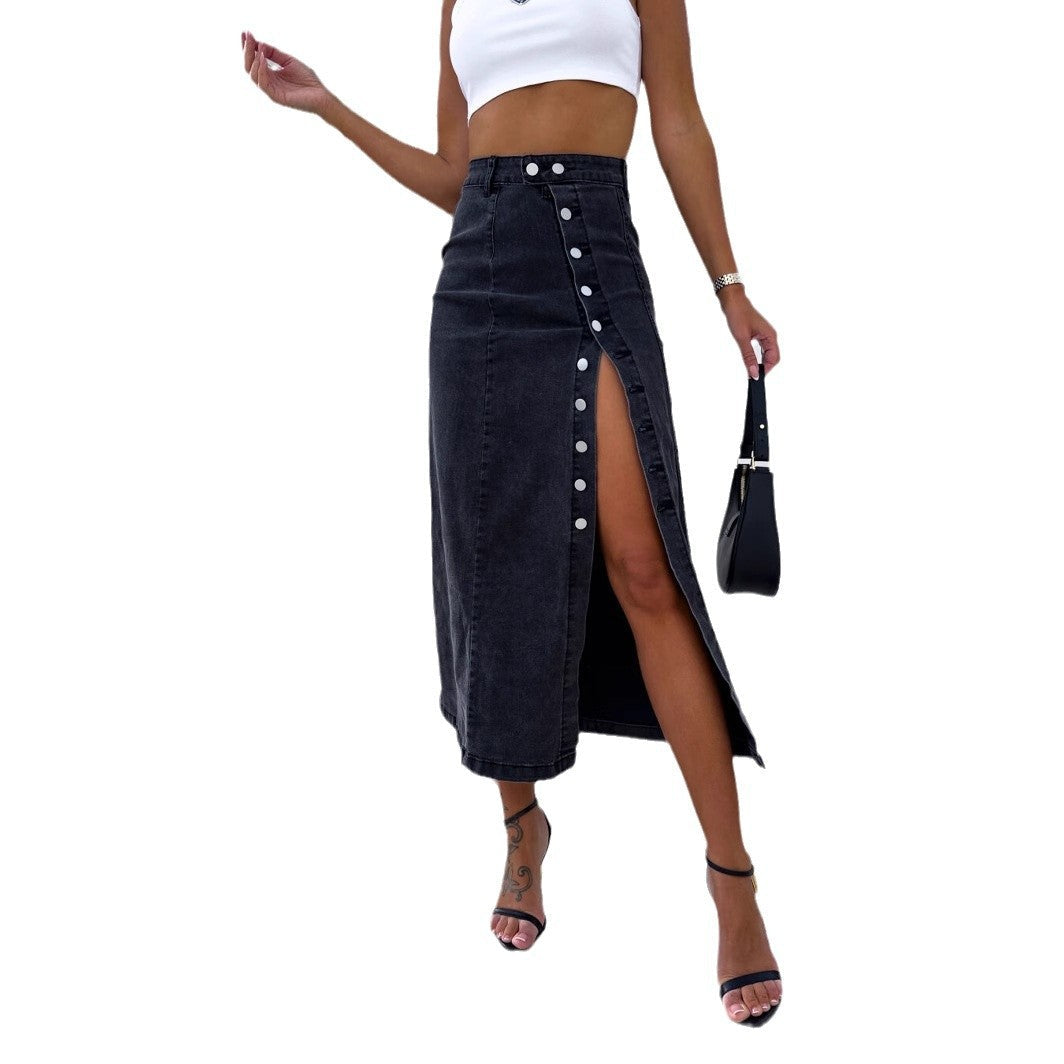 Damen Langer Jeansrock mit seitlichem Schlitz und modischen Knopfdetails R&B