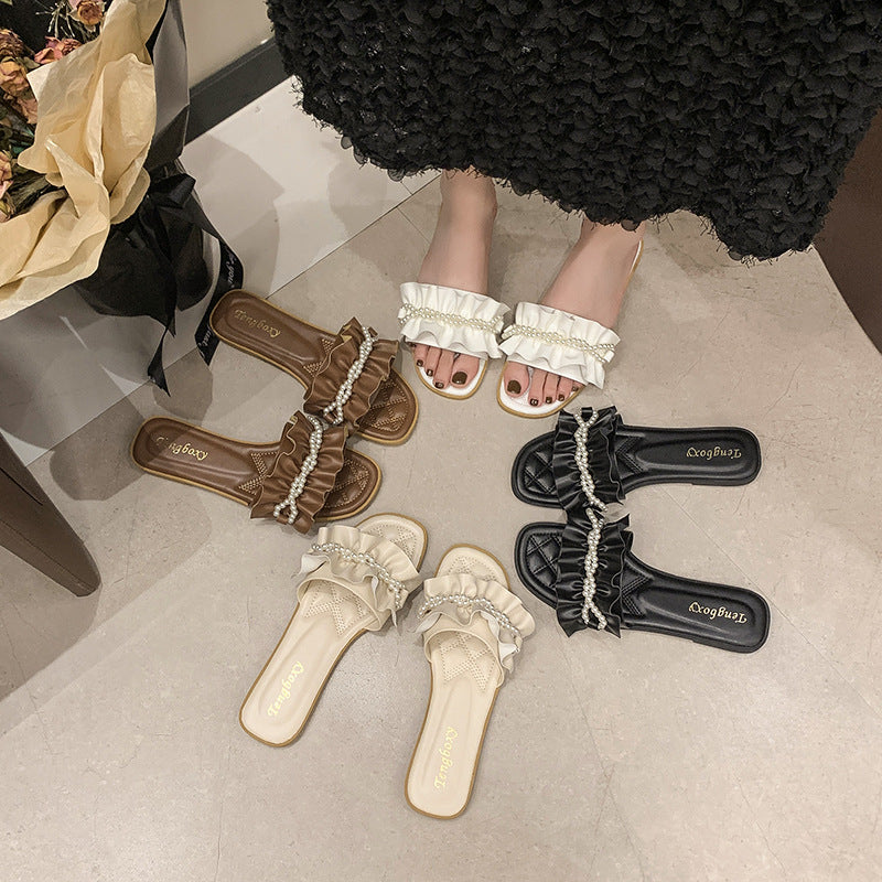 Damen elegante Pantoletten mit Rüschendetails und Perlenschmuck R&B