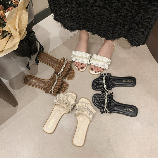 Damen elegante Pantoletten mit Rüschendetails und Perlenschmuck R&B