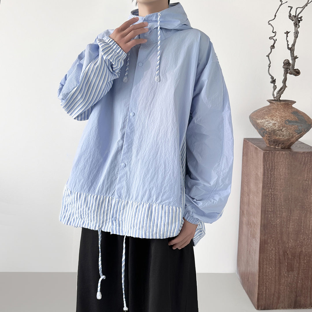 Damen nan leichte Kapuzenbluse-Jacke mit gestreiften Einsätzen, Tunnelzug und Druckknöpfen R&B