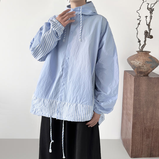 Damen nan leichte Kapuzenbluse-Jacke mit gestreiften Einsätzen, Tunnelzug und Druckknöpfen R&B