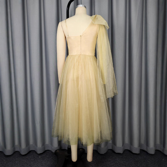 Damen festliches Midikleid mit asymmetrischem Chiffon-Overlay und floraler Applikation R&B