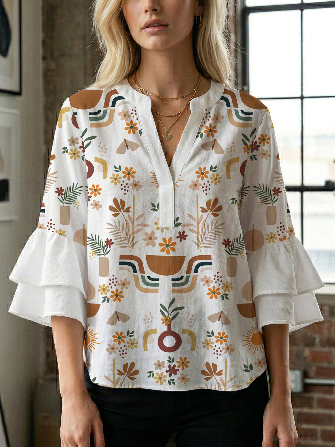 Damen Bluse mit Rüschendetails und auffälligem Animal-Print R&B