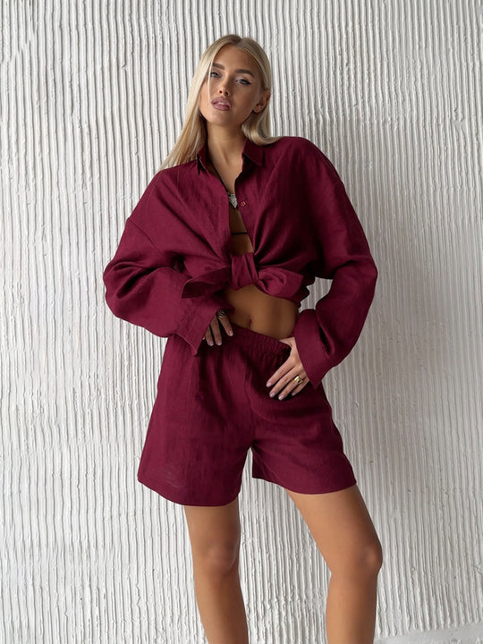 Damen lässige Leinenbluse und Shorts Set R&B