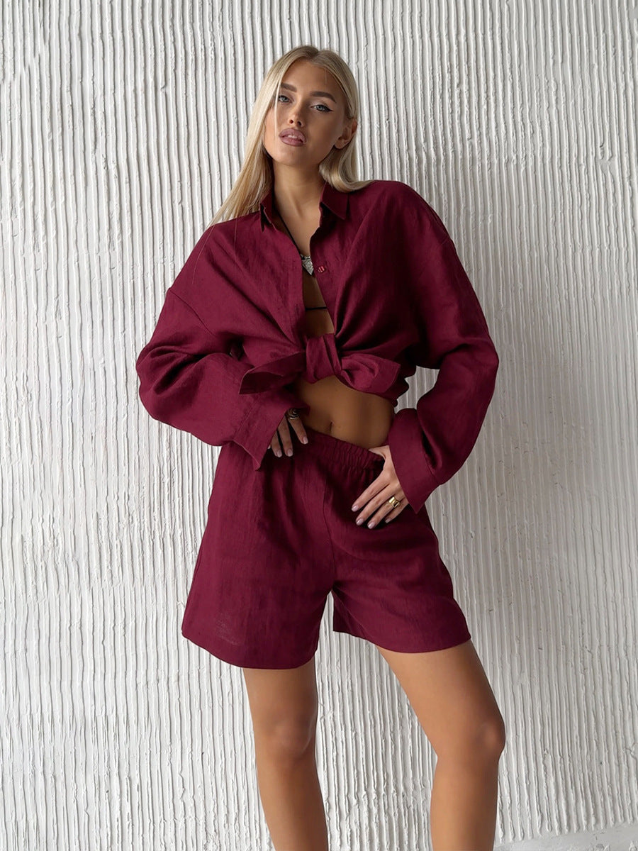 Damen lässiges Leinen Set mit lockerer Bluse und Shorts R&B