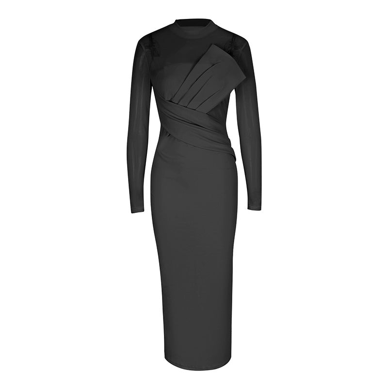 Damen Elegantes Langarm-Midi-Kleid mit raffinierter Drapierung und figurbetonter Silhouette R&B