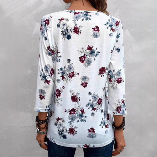 Damen nan florale Tunika-Bluse mit Kellerfalten und Zierknopfleiste R&B
