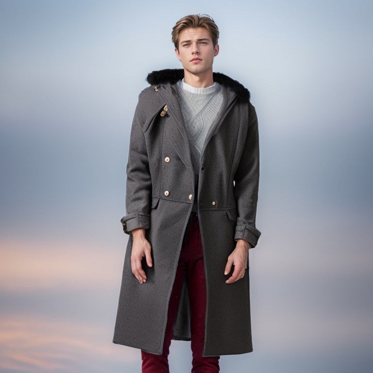 Herren eleganter Langmantel mit luxuriösem Fellkragen R&B