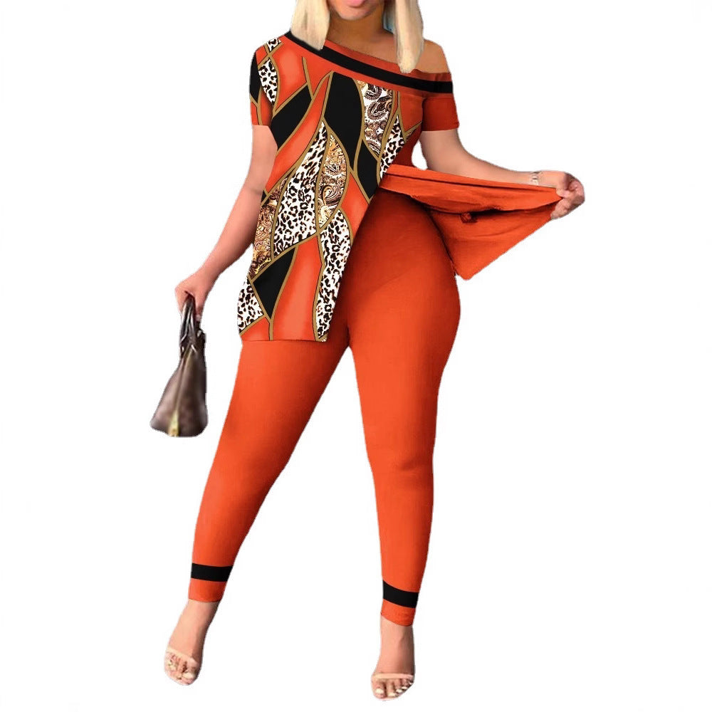 Damen modernes und elegantes Set mit asymmetrischem Oberteil und figurbetonten Hosen R&B