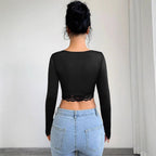 Damen nan tailliertes Langarm-Crop-Top mit tiefem V-Ausschnitt, Raffung und Spitzensaum R&B