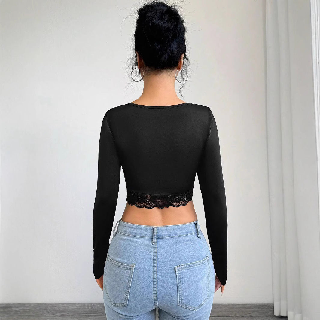 Damen Cropped Langarmshirt mit raffiniertem Spitzenbesatz R&B