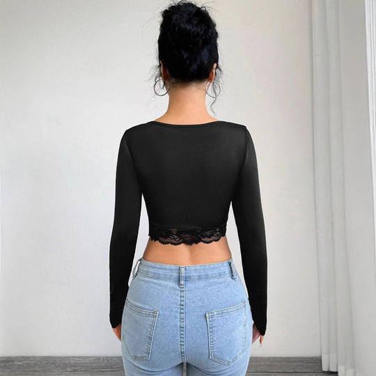 Damen Cropped Langarmshirt mit raffiniertem Spitzenbesatz R&B