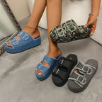 Damen bequeme Plattformsandalen aus Denim mit doppeltem Riemen R&B