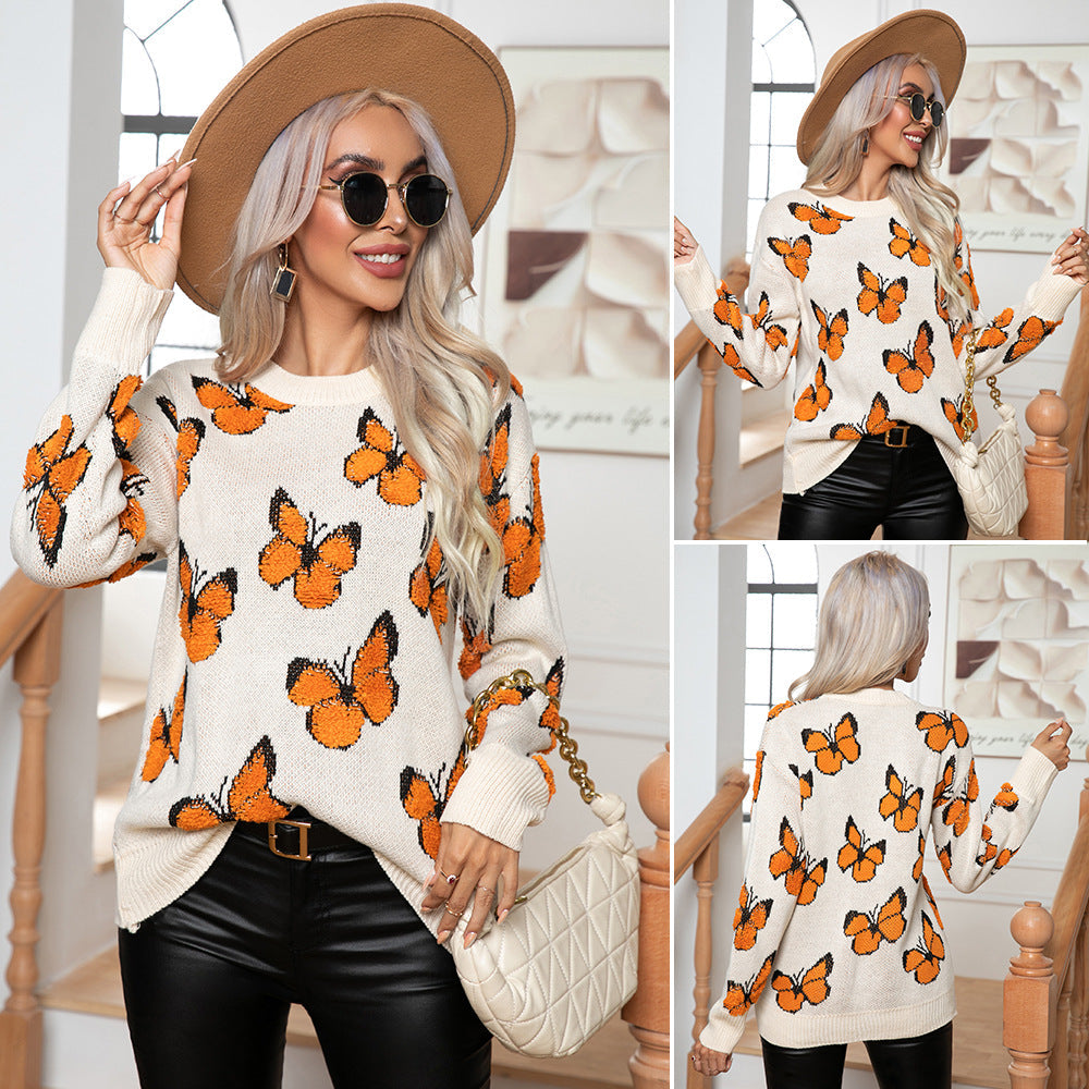 Damen Strickpullover mit Schmetterlingsmuster R&B