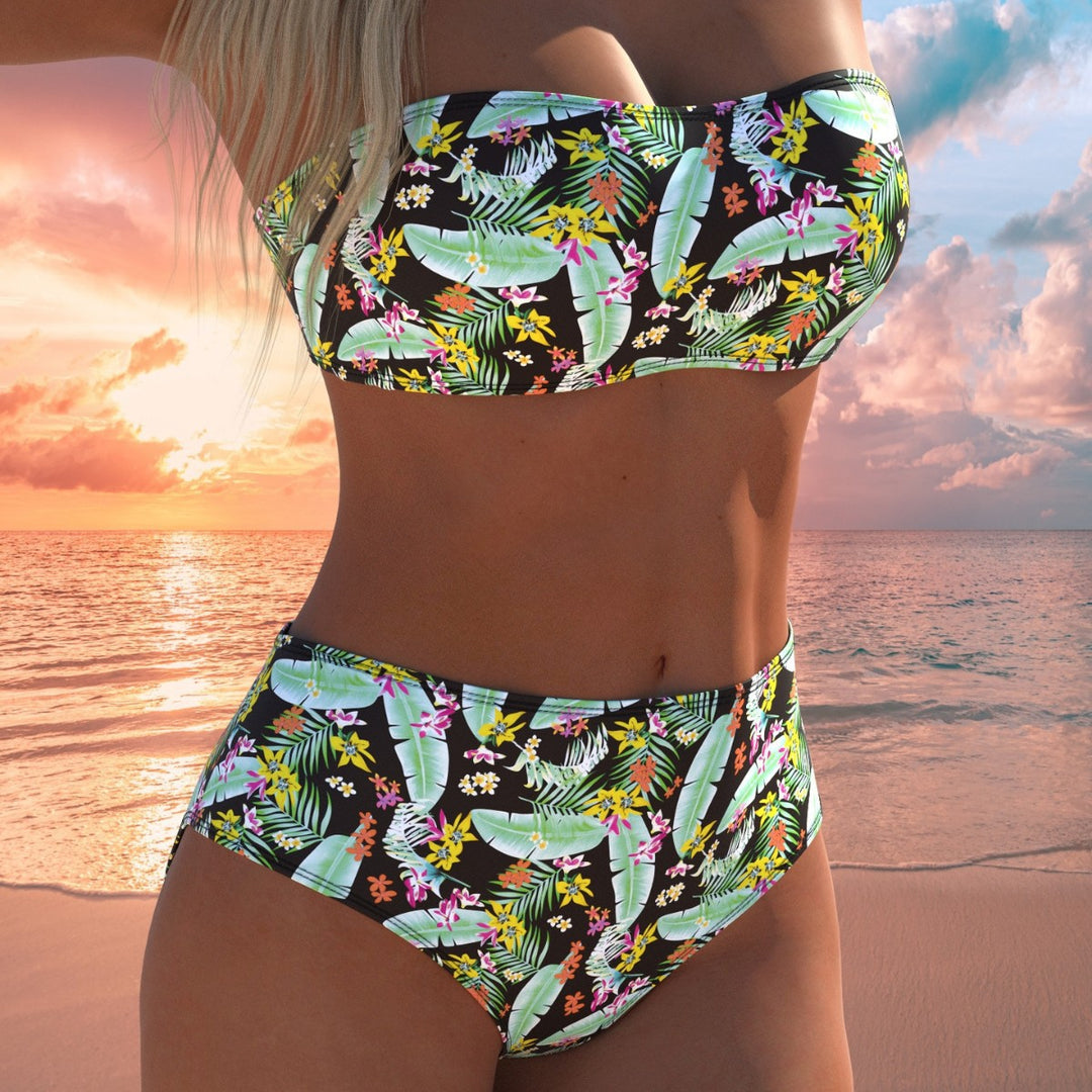 Damen Bandeau-Bikini mit hochgeschnittenen Pants und buntem Bedruck R&B