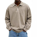 Herren nan lässiges Poloshirt-Sweatshirt mit Kragen, Vintage-Waschung und dreiteiliger Knopfleiste R&B