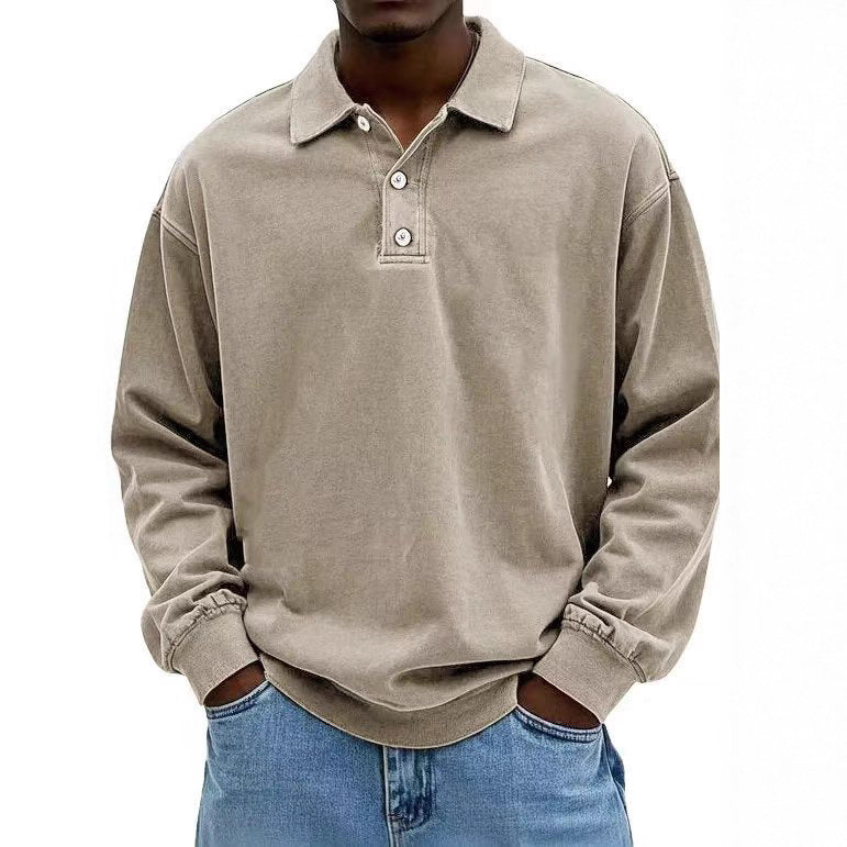 Herren nan lässiges Poloshirt-Sweatshirt mit Kragen, Vintage-Waschung und dreiteiliger Knopfleiste R&B