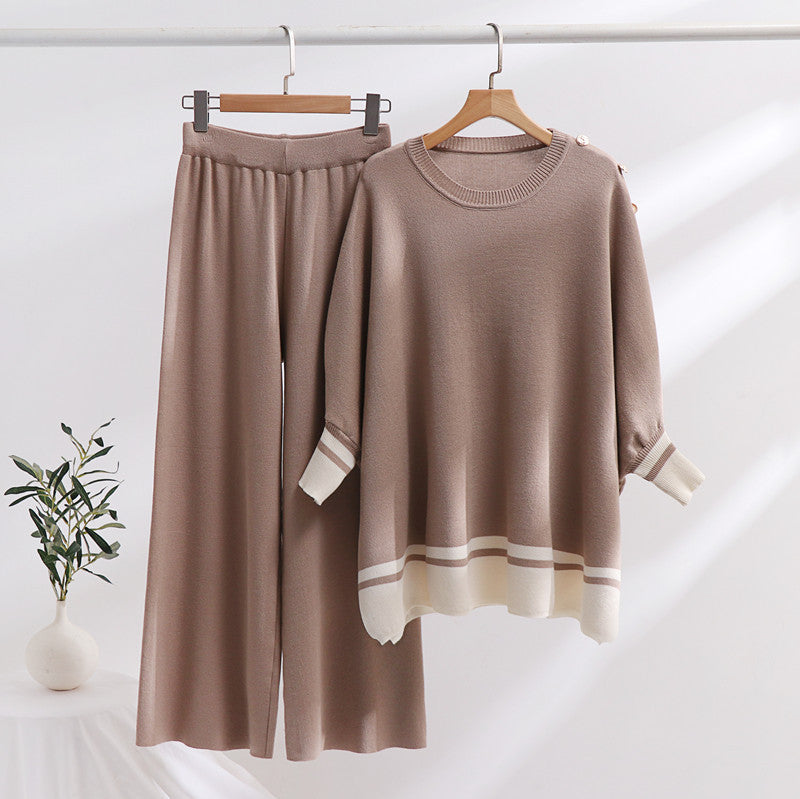 Damen lässiges Strick-Loungewear-Set mit modischem Kontrastsaum und weitem Schnitt R&B