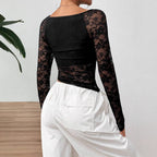 Damen Transparente Spitzenbluse mit langen Ärmeln und elegantem Ausschnitt R&B