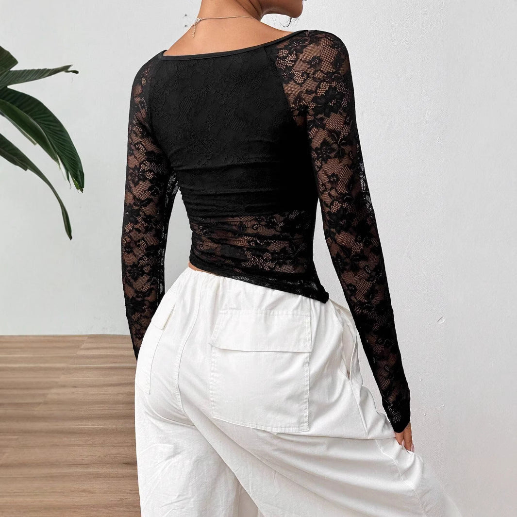 Damen Transparente Spitzenbluse mit langen Ärmeln und elegantem Ausschnitt R&B