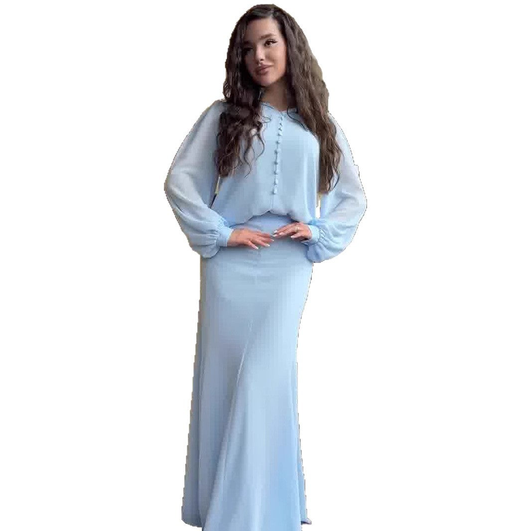 Damen Elegantes Maxi-Kleid mit transparenten Ärmeln und Hochgeschlossenem Design R&B