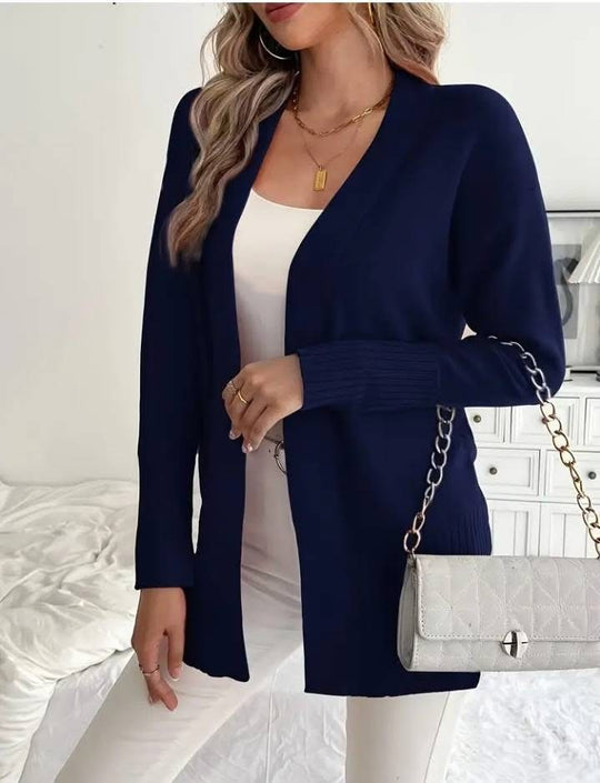 Damen Langer Strickcardigan mit feinen Rippdetails und lässigem Schnitt R&B