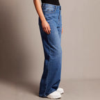 Damen Weit geschnittene High-Waist Jeans mit eleganten Falten R&B